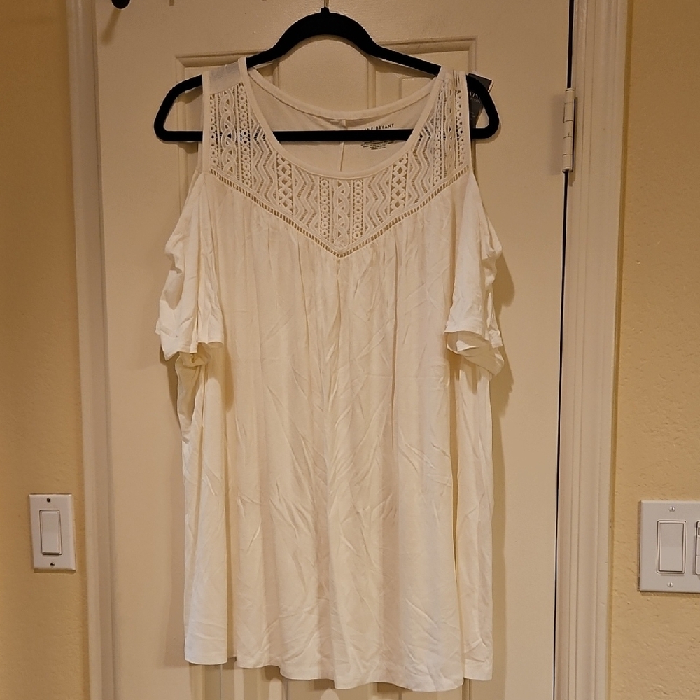 Lane Bryant Cream Ruffled Crochet Neckline Top